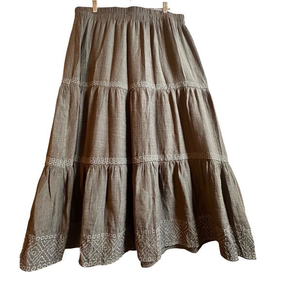Wonderly Tiered Boho Chic Maxi Skirt Womens Plus Sz 2X Gray Prairie Cottagecore - Picture 1 of 14